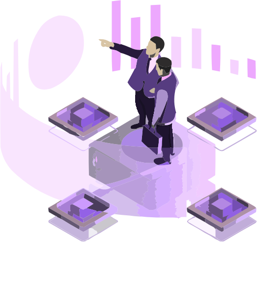 Firefly Lavender storm 70821-svg illustration of two people in suits standing on a platform, AI, technology, business lead generation